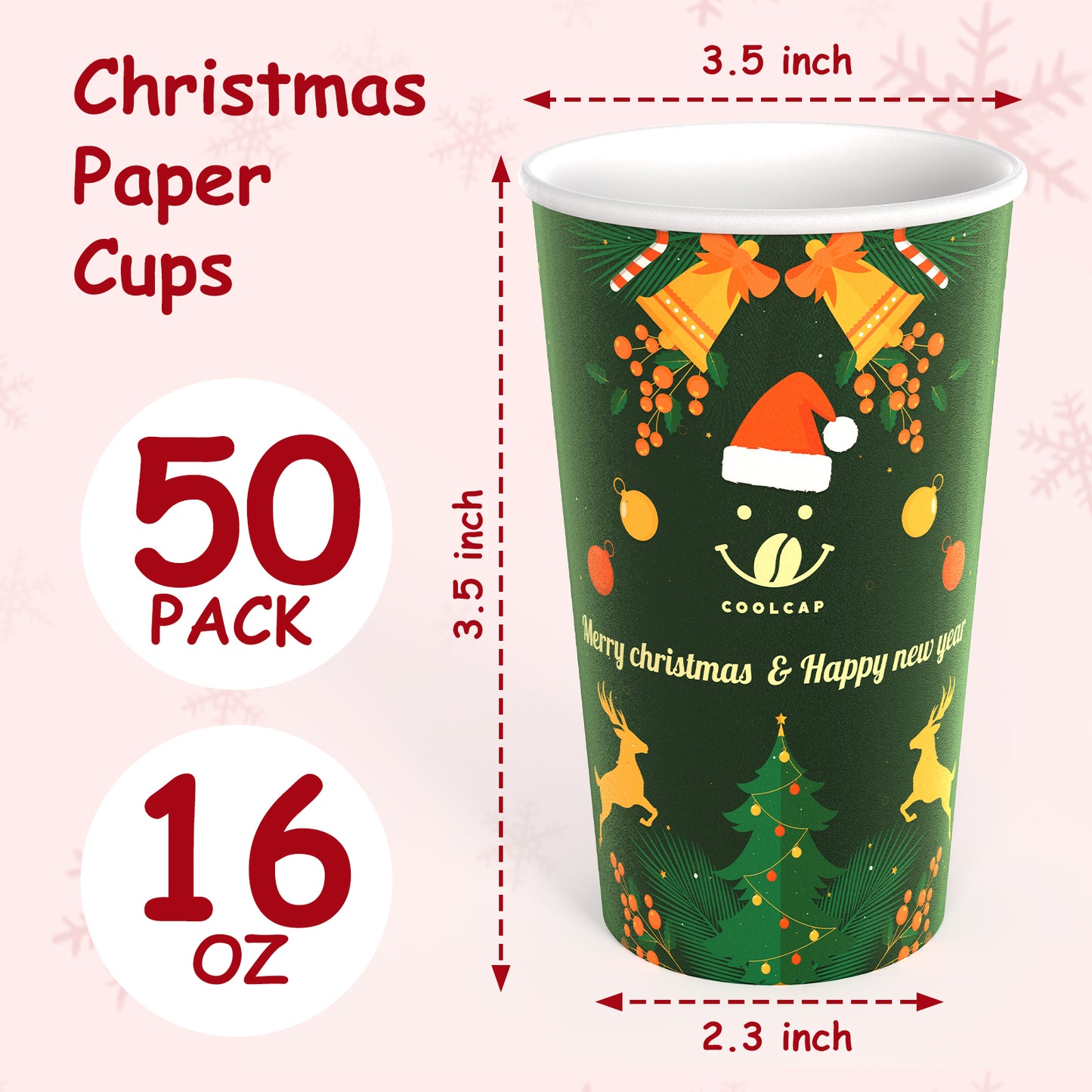 Christmas Coffee Cups, 50 Pack Party Decor, To Go Coffee Cups with Lids, Paper Hot Coffee Cups for Chocolate, Cocoa, Coffee (Green, 16 Ounce)