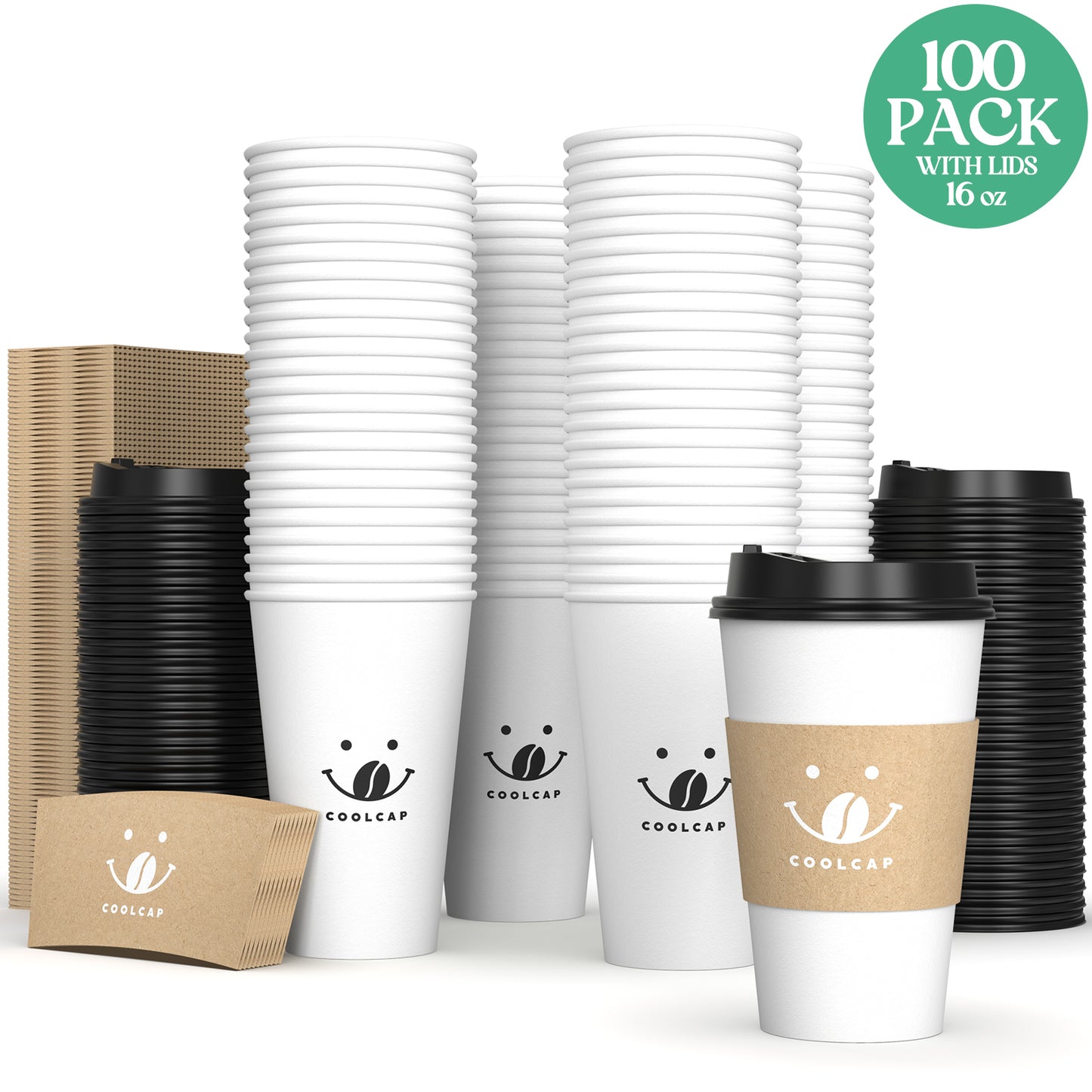Coffee Cups with Lids and Sleeves, 16 oz 100 pack To Go Coffee Cups with Lids, Paper Hot Coffee Cups for Hot & Cold Beverage (White, 16 OZ)