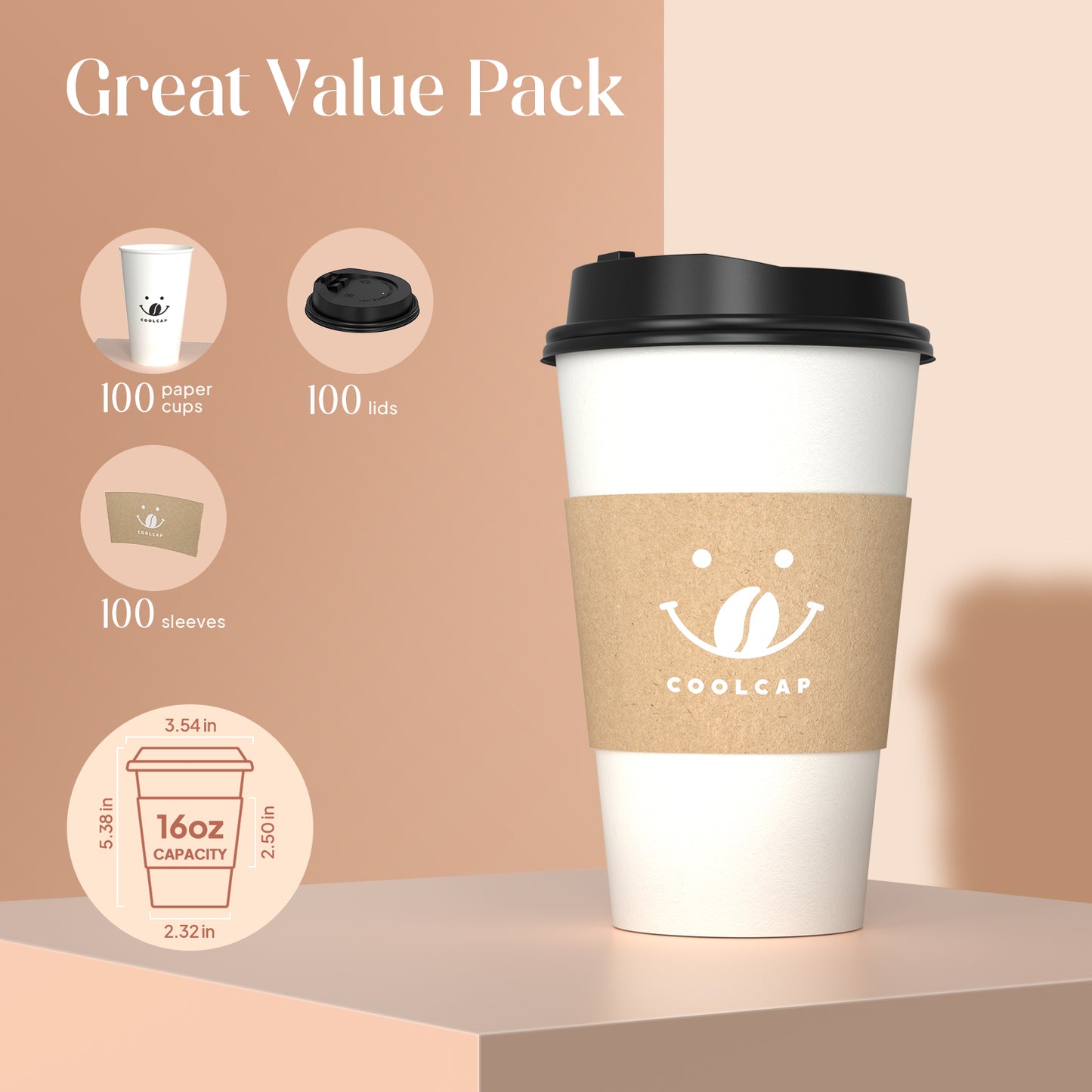 Coffee Cups with Lids and Sleeves, 16 oz 100 pack To Go Coffee Cups with Lids, Paper Hot Coffee Cups for Hot & Cold Beverage (White, 16 OZ)
