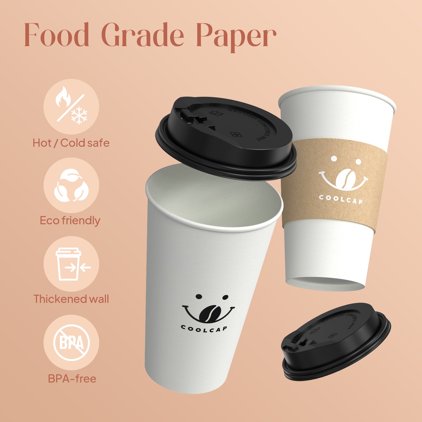 Coffee Cups with Lids and Sleeves, 16 oz 100 pack To Go Coffee Cups with Lids, Paper Hot Coffee Cups for Hot & Cold Beverage (White, 16 OZ)