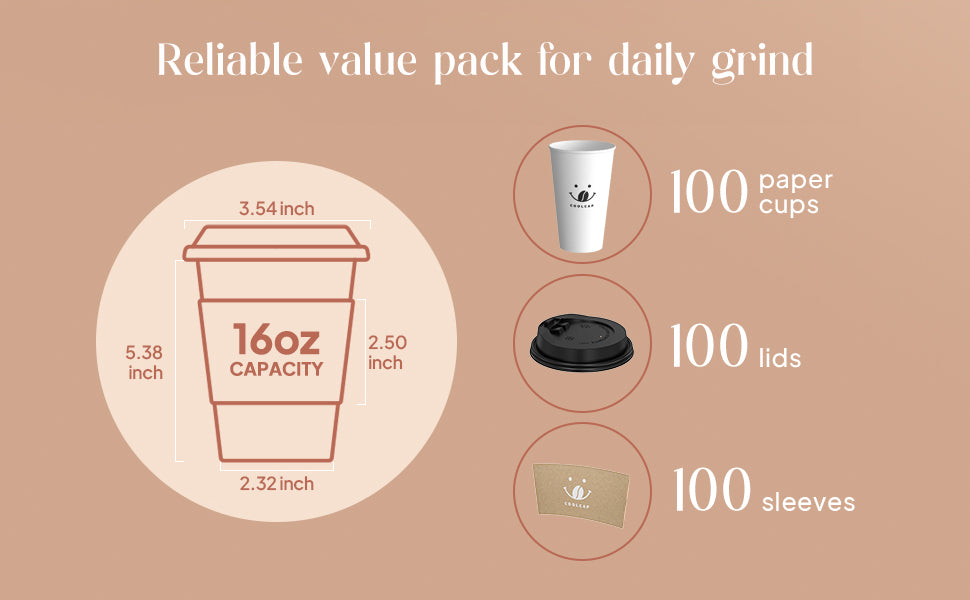 Coffee Cups with Lids and Sleeves, 16 oz 100 pack To Go Coffee Cups with Lids, Paper Hot Coffee Cups for Hot & Cold Beverage (White, 16 OZ)