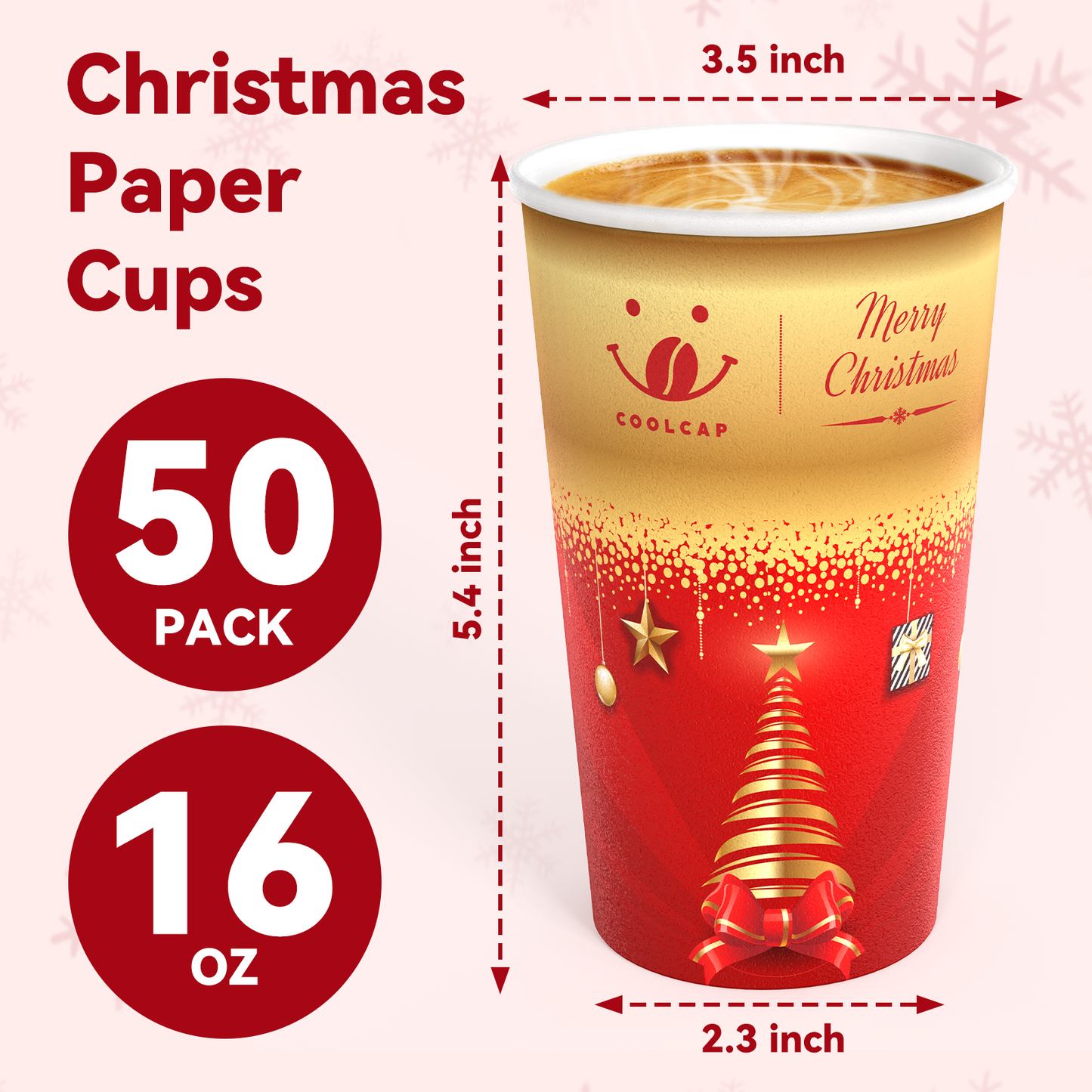Christmas Coffee Cups, 50 Pack Party Decor, To Go Coffee Cups with Lids, Paper Hot Coffee Cups for Chocolate, Cocoa, Coffee (Red, 16 Ounce)