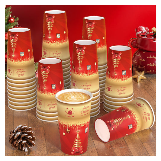 Christmas Coffee Cups, 50 Pack Party Decor, To Go Coffee Cups with Lids, Paper Hot Coffee Cups for Chocolate, Cocoa, Coffee (Red, 16 Ounce)