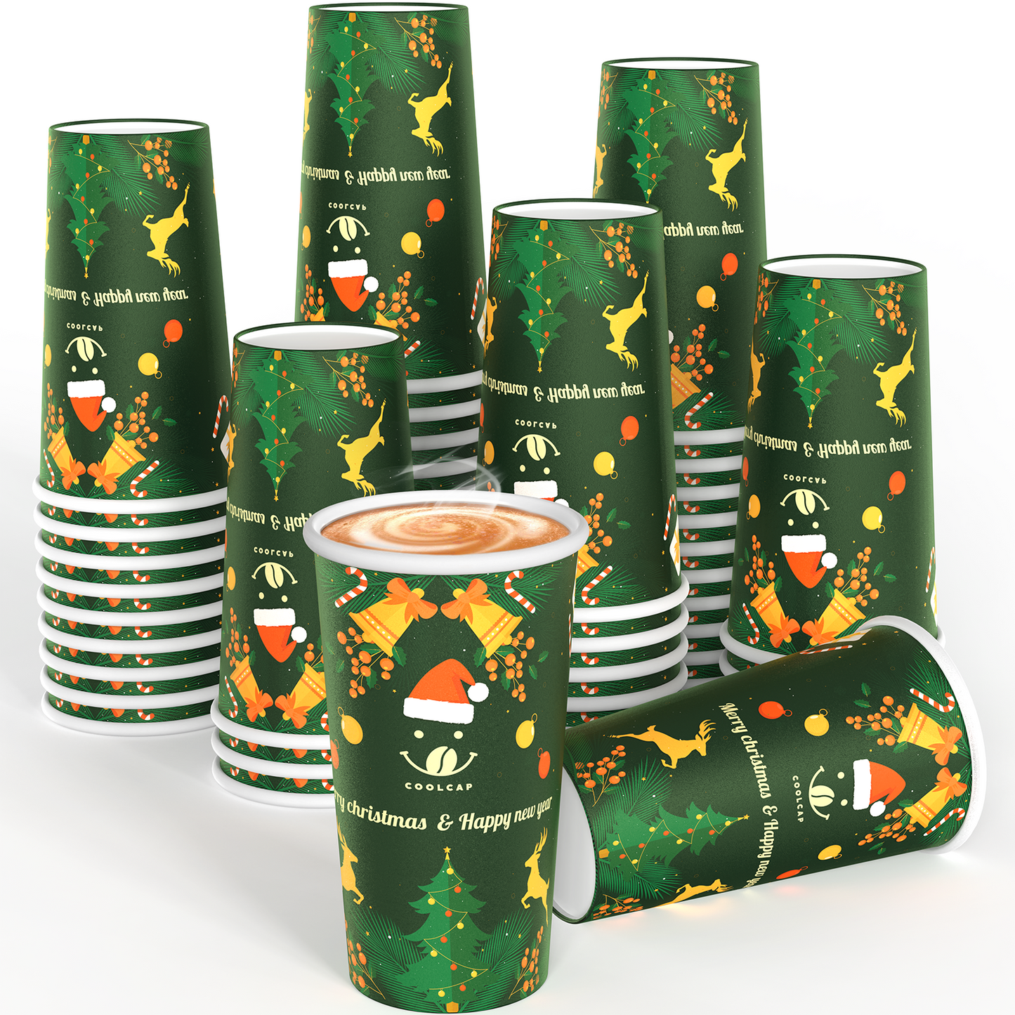 Christmas Coffee Cups, 50 Pack Party Decor, To Go Coffee Cups with Lids, Paper Hot Coffee Cups for Chocolate, Cocoa, Coffee (Green, 16 Ounce)