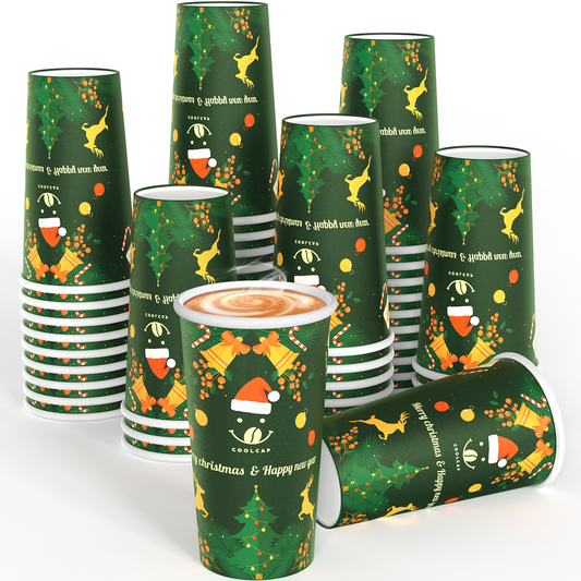 Christmas Coffee Cups, 50 Pack Party Decor, To Go Coffee Cups with Lids, Paper Hot Coffee Cups for Chocolate, Cocoa, Coffee (Green, 16 Ounce)