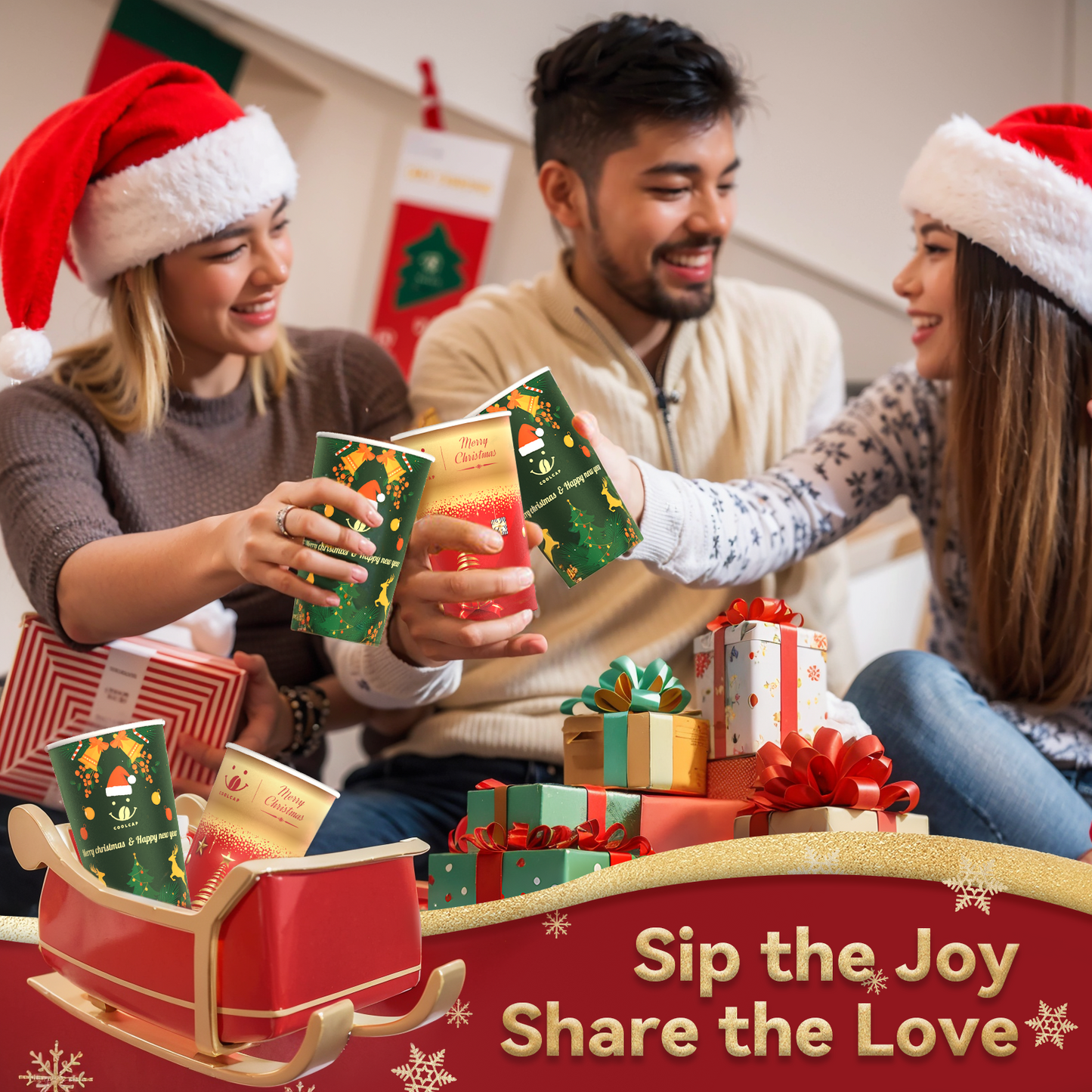 Christmas Coffee Cups, 50 Pack Party Decor, To Go Coffee Cups with Lids, Paper Hot Coffee Cups for Chocolate, Cocoa, Coffee (Red, 16 Ounce)